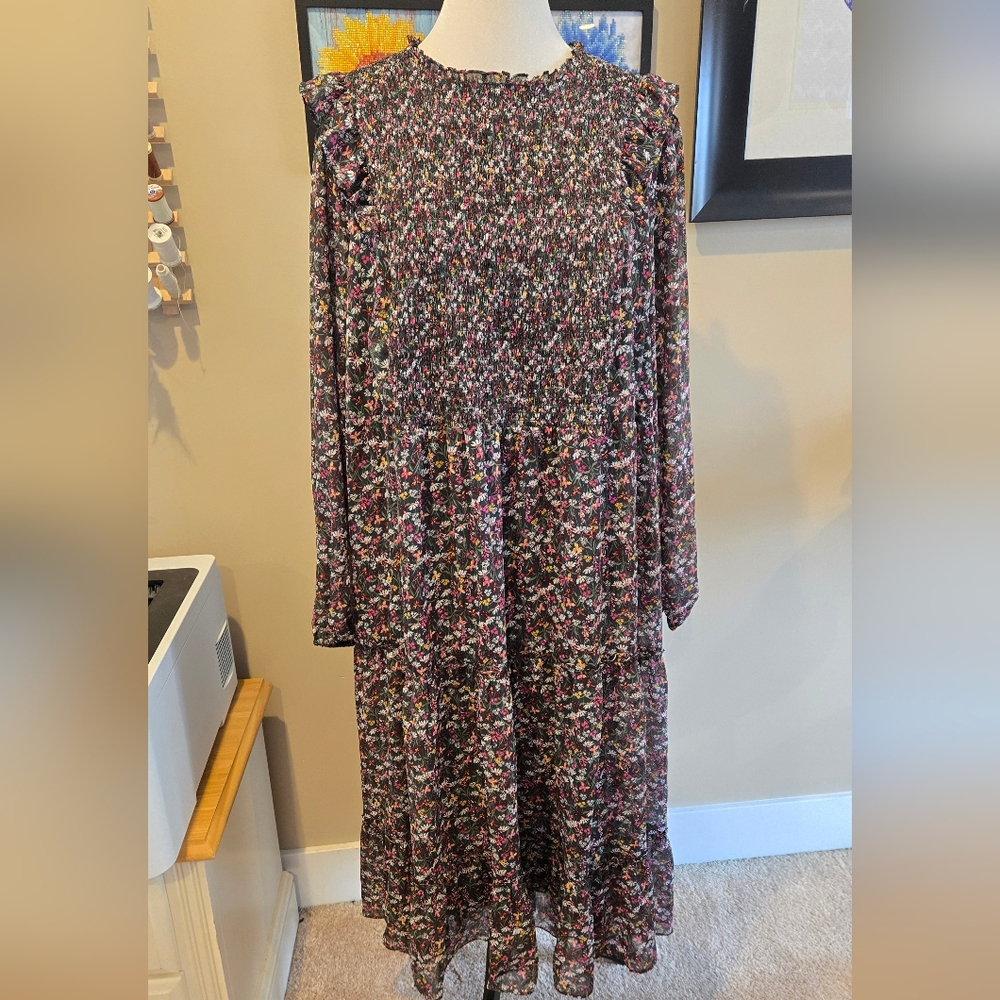 Draper James Floral Long Sleeve Midi Dress - Black with Pink & Green Floral